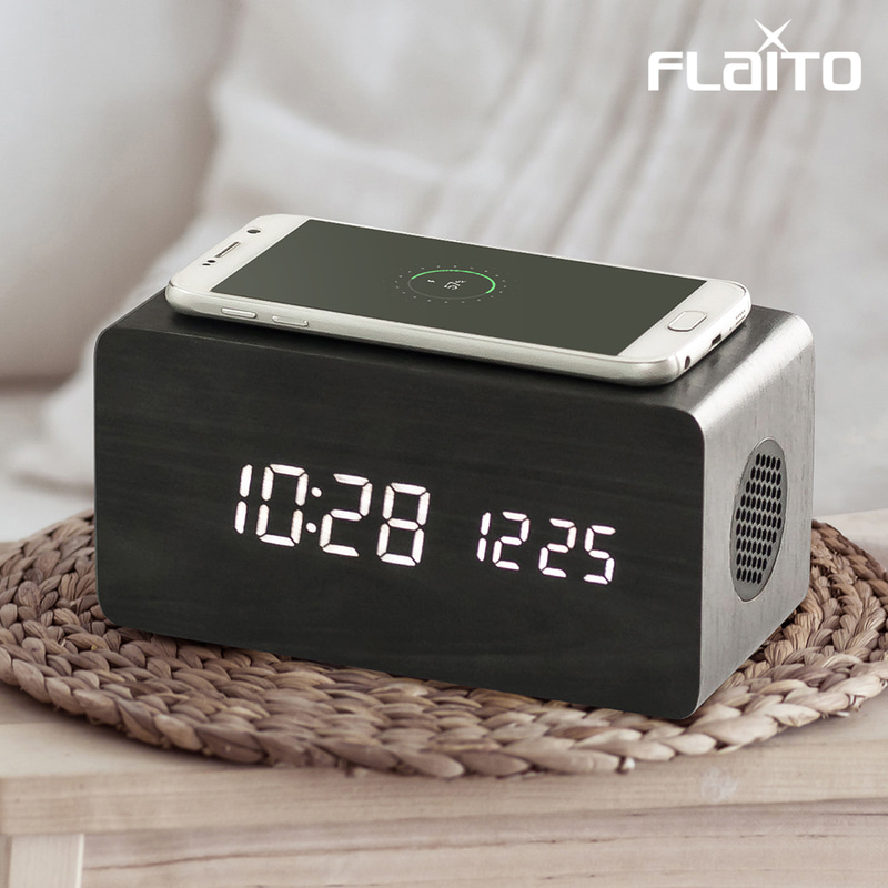 플라이토 우드 3in1 LED 탁상시계(스피커+무선충전+시계)